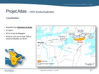 Vers une exploration minière durable au Q uébec
Présentation corporative – Juin 2016
Projet Atlas – 100% Eureka Exploration
Localisation
 Acquisition par Génération de Projet
 47 claims
 45 km à l’est de Matagami
 Accès au sud: par la route 1055 et
chemins forestiers sur 85 km
Québec
Ontario
Québec
Ontario
MATAGAMI
Projet Atlas
Autres projets d’Eureka
1055
Lac Matagami
Lac
Olga
Lac au
Goéland
109
Projet Apollo
(Bloc est)
Projet Apollo
(Bloc centre)
Projet Apollo
(Bloc ouest)
Projet Atlas
Projet Admiral
32F14
32F15
32F13
32F12 32F11 32F10
25
 