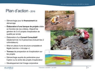 Vers une exploration minière durable au Q uébec
Présentation corporative – Juin 2016
Plan d’action - 2016
 Démarchage pour le financement de
démarrage
 Élaboration d’une banque de projets ciblés
en fonction de nos critères. Objectif de
générer de 3 à 5 projets d’exploration de
qualité par année
 Élaboration d’un Conseil Consultatif
idéalement de 3 à 5 personnes (incluant les 2
cofondateurs)
 Mise en place d’une structure comptable et
légale (service « à la pige »)
 Travaux de prospection et d’exploration sur
les projets
 Démarchage auprès de partenaires pour
l’option ou la vente des projets d’exploration
 Développement de l’image corporative
30
 