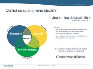 Vers une exploration minière durable au Q uébec
Présentation corporative – Juin 2016
Qu’est-ce que la mine idéale?
Environnement Générer des projets DURABLES où les
intérêts de chacun se rejoignent
Exemple:
- Des infrastructures et de la main-d’œuvre proche
pour le promoteur (coûts de transport faibles)
- Pas de fly-in/fly-out pour le travailleur
- Approche participative de la communauté au tout
début, à l’étape de l’exploration
Économie Société
DURABLE
= Une « mine de proximité »
C’est la vision d‘Eureka
ni trop près, ni trop loin
4
 