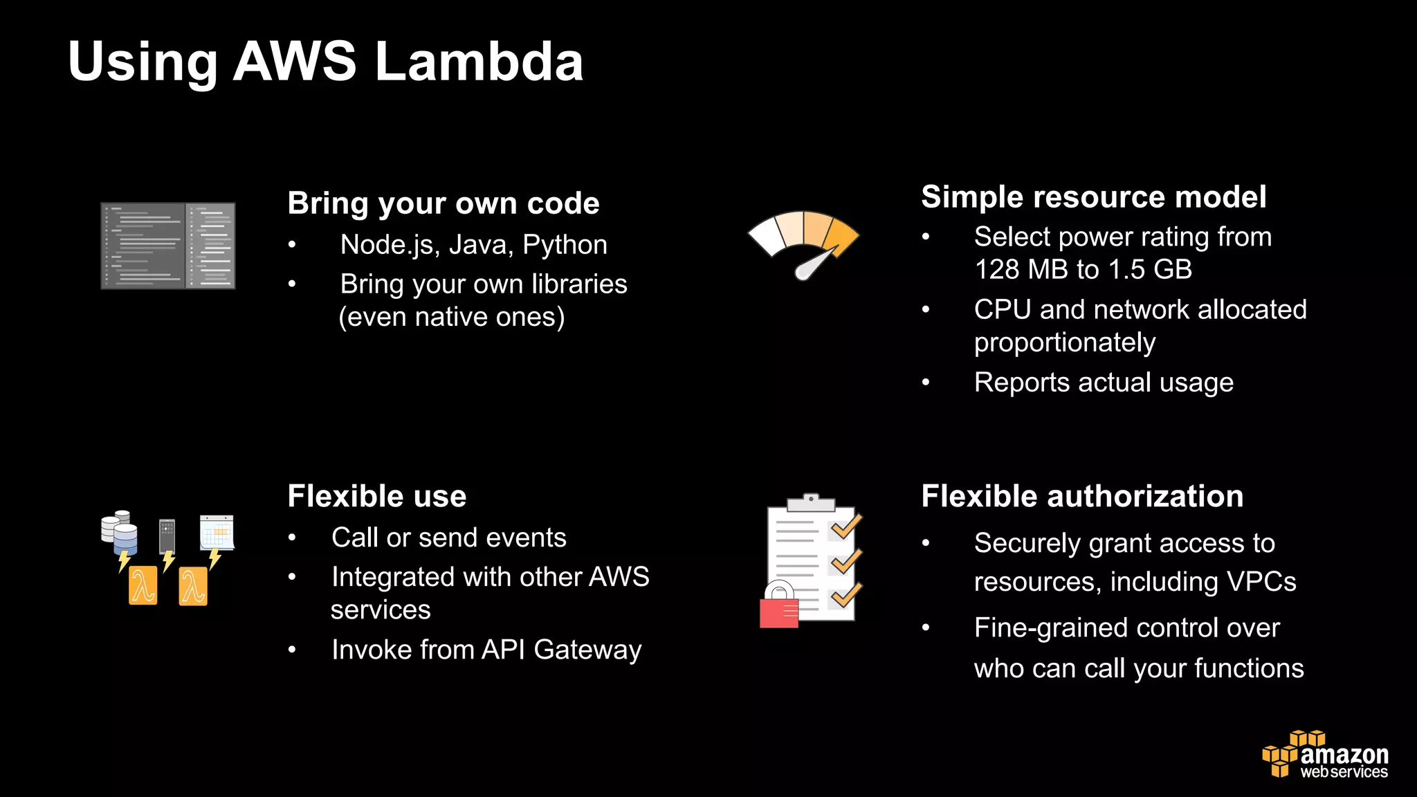 Using AWS Lambda
Bring your own code
•  Node.js, Java, Python
•  Bring your own libraries
(even native ones)
Simple resource model
•  Select power rating from
128 MB to 1.5 GB
•  CPU and network allocated
proportionately
•  Reports actual usage
Flexible authorization
•  Securely grant access to
resources, including VPCs
•  Fine-grained control over
who can call your functions
Flexible use
•  Call or send events
•  Integrated with other AWS
services
•  Invoke from API Gateway
 