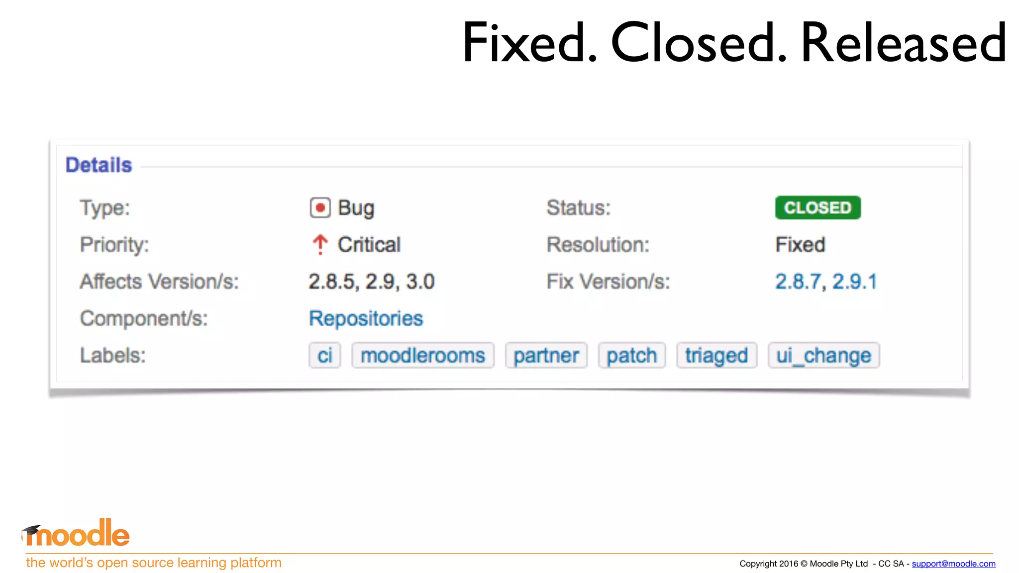 Copyright 2016 © Moodle Pty Ltd - CC SA - support@moodle.comthe world’s open source learning platform
Fixed. Closed. Released
 