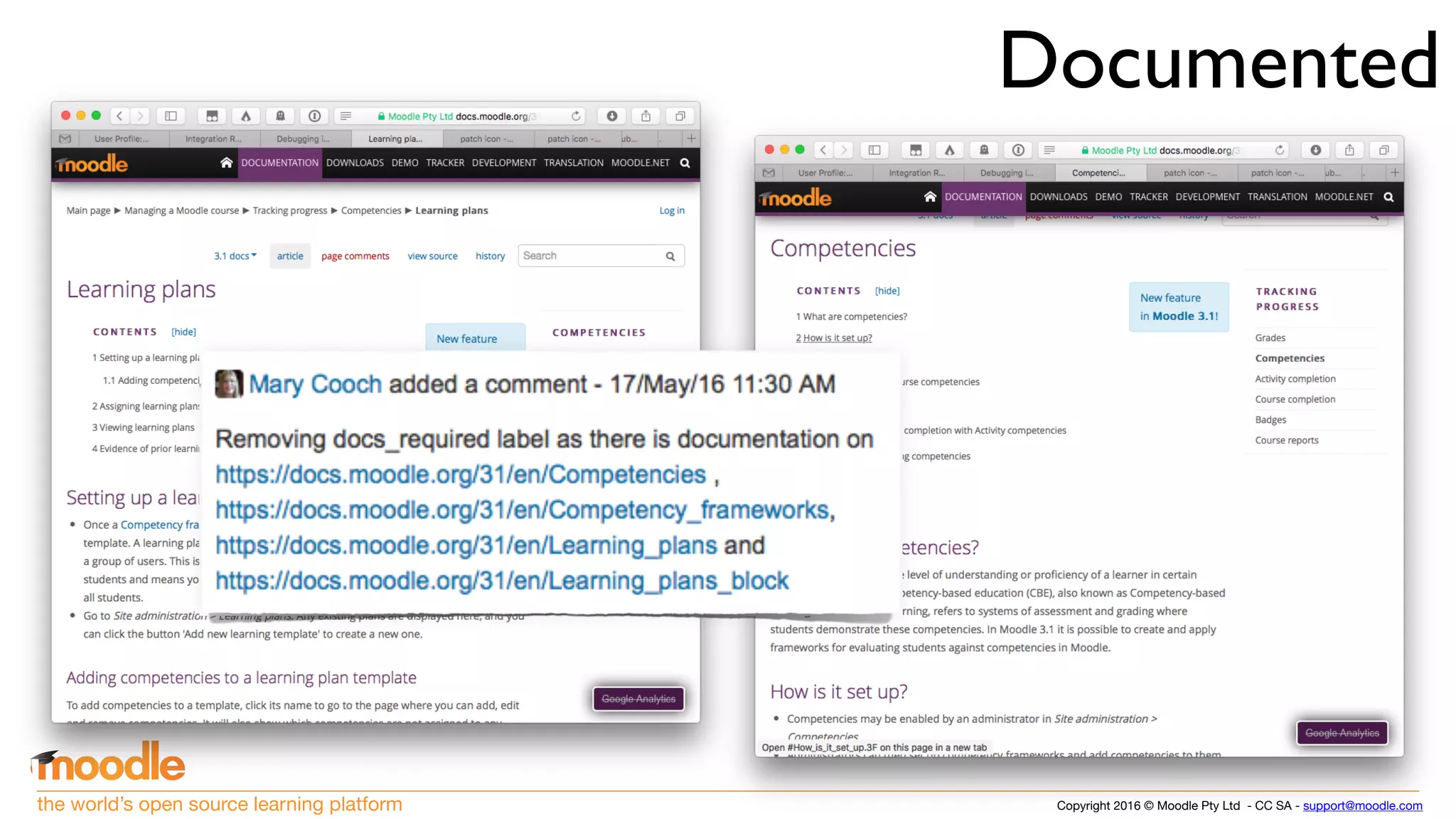 Copyright 2016 © Moodle Pty Ltd - CC SA - support@moodle.comthe world’s open source learning platform
Documented
 