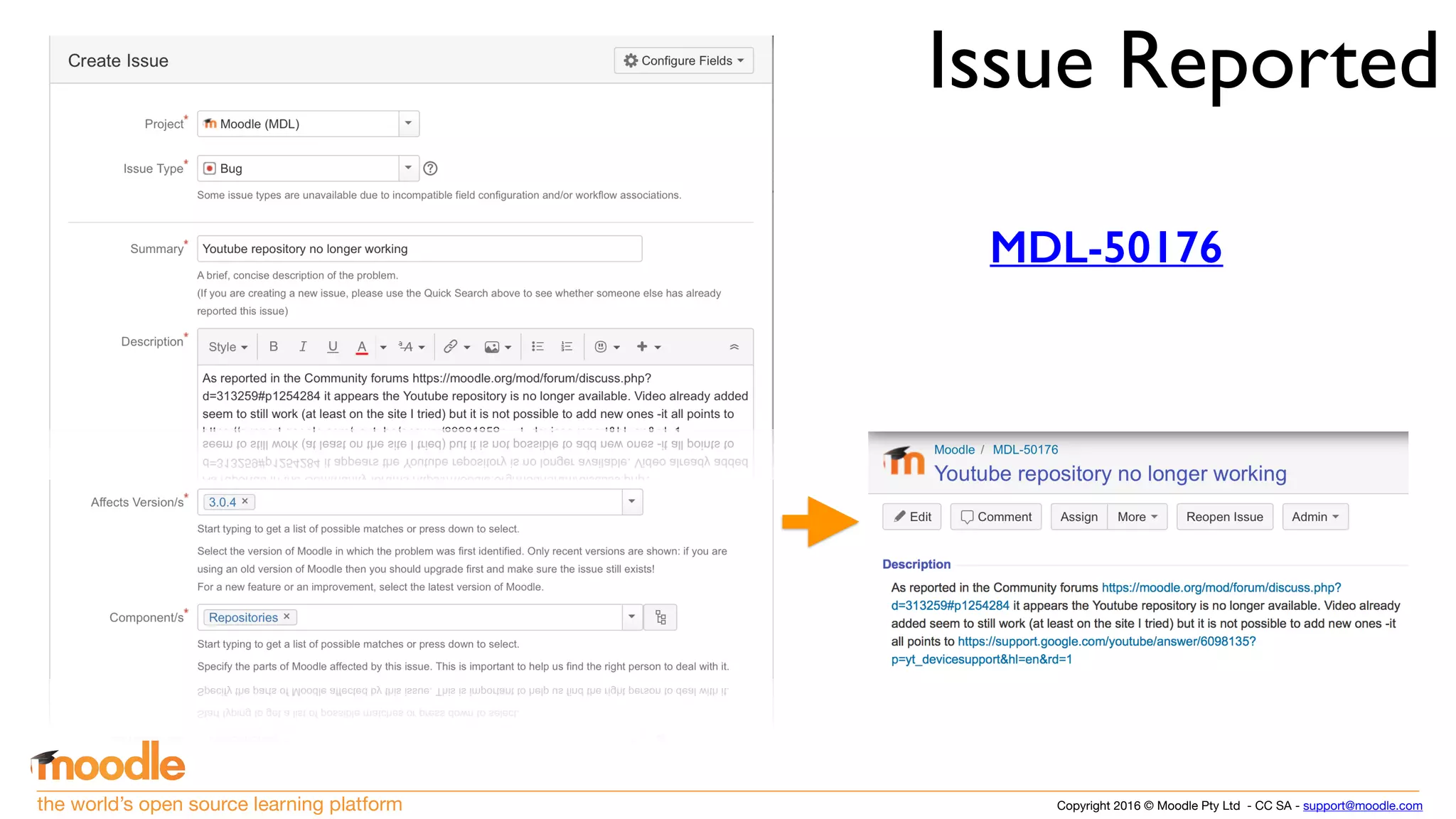 Copyright 2016 © Moodle Pty Ltd - CC SA - support@moodle.comthe world’s open source learning platform
Issue Reported
MDL-50176
 