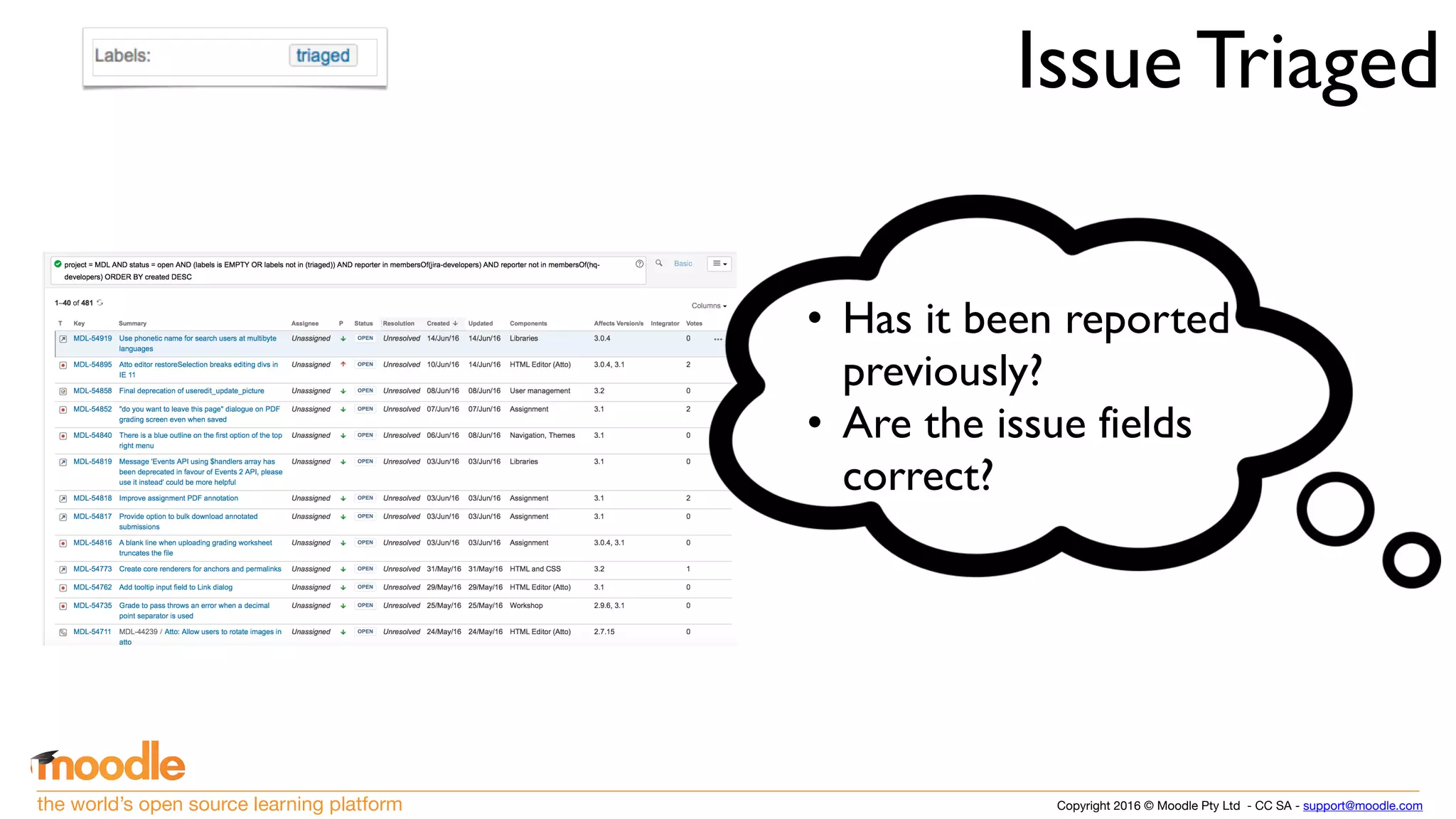Copyright 2016 © Moodle Pty Ltd - CC SA - support@moodle.comthe world’s open source learning platform
Issue Triaged
• Has it been reported
previously?
• Are the issue fields
correct?
 