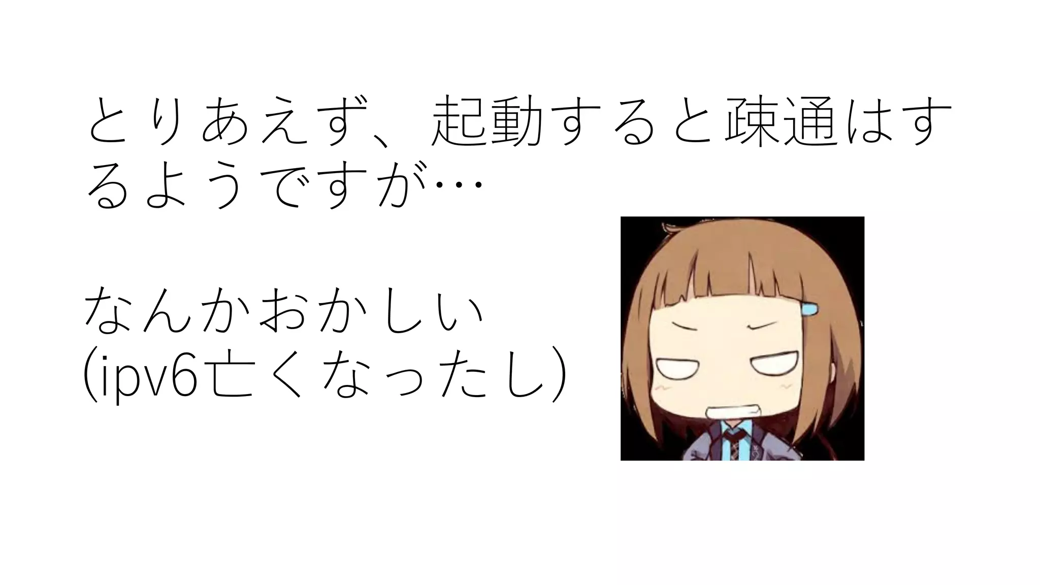とりあえず、起動すると疎通はす
るようですが…
なんかおかしい
(ipv6亡くなったし)
 