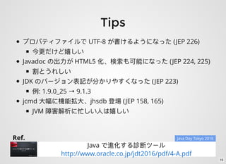 Tips
UTF-8 (JEP 226)
Javadoc HTML5 (JEP 224, 225)
JDK (JEP 223)
: 1.9.0_25 → 9.1.3
jcmd jhsdb (JEP 158, 165)
JVM
Ref.
Java
http://www.oracle.co.jp/jdt2016/pdf/4-A.pdf
Java Day Tokyo 2016
15
 