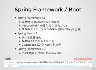 Spring Framework / Boot
Spring Framework 4.3
DI (@Autowired )
InjectionPoint (CDI )
(@GetMapping )
Spring Boot 1.4
AA
Couchbase 2.0 Neo4j
Spring Framework 5.0
JDK9 , HTTP/2, Reactive
Spring Framework/Boot Pivotal
slideshare.net/makingx/jjugccc-cccgh5-whats-new-in-spring-framework-43-boot-14-pivotals-cloud-native-approach
Ref. JJUG CCC 2016 Spring
28
 