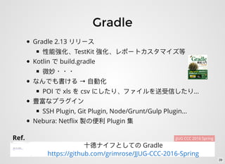 Gradle
Gradle 2.13
TestKit
Kotlin build.gradle
・・・
→
POI xls csv ...
SSH Plugin, Git Plugin, Node/Grunt/Gulp Plugin...
Nebura: Netﬂix Plugin
Gradle
https://github.com/grimrose/JJUG-CCC-2016-Spring
Ref. JJUG CCC 2016 Spring
29
 