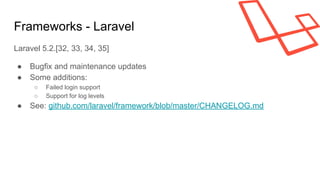 Frameworks - Laravel
Laravel 5.2.[32, 33, 34, 35]
● Bugfix and maintenance updates
● Some additions:
○ Failed login support
○ Support for log levels
● See: github.com/laravel/framework/blob/master/CHANGELOG.md
 