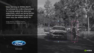 “Deep learning on NVIDIA DIGITS
has allowed for a 30x enhancement
in training pedestrian detection
algorithms, which are being further
tested and developed as we move
them onto the NVIDIA DRIVE PX.”
Dragos Maciuca, Technical Director,
Ford Research and Innovation Center
 