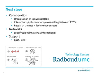 Next steps
• Collaboration
• Organisation of individual RTC’s
• Interactions/collaborations/cross-selling between RTC’s
• Research themes – Technology centers
• Networks
• Local/regional/national/international
• Support
• Cash, kind
19
 