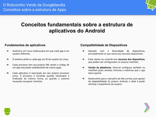 O Robozinho Verde da Googlelandia
Conceitos sobre a estrutura de Apps
Conceitos fundamentais sobre a estrutura de
aplicativos do Android
Fundamentos de aplicativos
➔ Android é um Linux multiusuário em que cada app é um
usuário diferente;
➔ O sistema atribui a cada app um ID de usuário do Linux;
➔ Cada processo tem sua própria VM, sendo o código de
um app executado isoladamente de outros apps;
➔ Cada aplicativo é executado em seu próprio processo
Linux. O processo é iniciando quando necessário e
finalizado da mesma forma, ou quando o sistema
necessita recuperar memória.
Compatibilidade de Dispositivos
➔ Atenção com a diversidade de dispositivos,
principalmente no que cerne aos recursos disponíveis;
➔ Estar atento ao controle dos recursos dos dispositivos,
que podem ser configurados no arquivo manifest;
➔ Versão da plataforma. Deve-se configurar também no
manifest quais versões mínimas e máximas que o app
dará suporte;
➔ Desenvolver para o tamanho de tela correta, pois apesar
da adaptabilidade do próprio Android, o ideal é poder
otimizar a experiência do usuário.
 