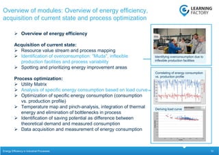 12
 Overview of energy efficiency
Acquisition of current state:
 Resource value stream and process mapping
 Identification of overconsumption: "Muda", inflexible
production facilities and process variability
 Spotting and prioritizing energy improvement areas
Process optimization:
 Utility Matrix
 Analysis of specific energy consumption based on load curve
 Optimization of specific energy consumption (consumption
vs. production profile)
 Temperature map and pinch-analysis, integration of thermal
energy and elimination of bottlenecks in process
 Identification of saving potential as difference between
theoretical demand and measured consumption
 Data acquisition and measurement of energy consumption
Overview of modules: Overview of energy efficiency,
acquisition of current state and process optimization
Energy Efficiency in Industrial Processes
Correlating of energy consumption
vs. production profile
Deriving load curve
Identifying overconsumption due to
inflexible production facilities
 