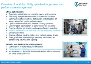 13
Utility optimization:
 Energetic optimization of industrial ovens and furnaces
 Efficiency analysis of steam and condensate systems
 Optimization of generation, distribution and utilization of
steam as well as condensate recovery
 Optimization of active and passive cooling systems
 Consumption optimisation of compressed air systems
 Energy efficient generation and drying of compressed air
 Holistic optimisation of hydraulic circuits and pump systems
 Blowers and fans
 Energy efficient electric motors and variable speed drives
 Energy efficiency in buildings: Heating, ventilation, air
conditioning (HVAC) and lighting
Process and Performance Management:
 Definition of KPIs for resource efficiency
 Performance monitoring
 Implementation and effectiveness of optimization measures
on a real production line
Overview of modules: Utility optimization, process and
performance management
Energy Efficiency in Industrial Processes
 