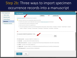 Step 2b: Three ways to import specimen
occurrence records into a manuscript
 