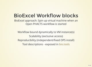 BioExcel Workflow blocks
BioExcel approach: Spin up virtual machine when an
Open PHACTS workﬂow is started
Workﬂow bound dynamically to VM instance(s)
Scalability (exclusive access)
Reproducibility (independent/ﬁxed OPS install)
Tool descriptions - exposed in bio.tools
9 . 4
 