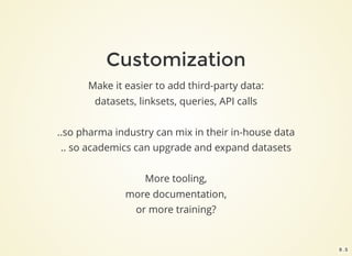 Customization
Make it easier to add third-party data:
datasets, linksets, queries, API calls
..so pharma industry can mix in their in-house data
.. so academics can upgrade and expand datasets
More tooling,
more documentation,
or more training?
9 . 5
 