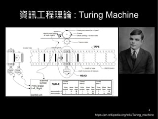 4
資訊工程理論 : Turing Machine
https://en.wikipedia.org/wiki/Turing_machine
 