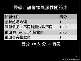 9
醫學：診斷類風濕性關節炎
診斷條件 得分
症狀超過六週 1
關節侵犯 ( 不同範圍分數不同 ) 1 - 5
抽血 RF 或 CCP 抗體高 2 - 3
抽血發炎指數高 1
總分 >= 6 分 → 有病
ACR 2010 RA Criteria
 