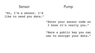 Sensor Pump
“Hi, I’m a sensor. I’d
like to send you data.”
“Enter your sensor code so
I know it’s really you.”
“Here a public key you can
use to encrypt your data.”
 