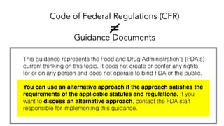 Code of Federal Regulations (CFR)
=
Guidance Documents
This guidance represents the Food and Drug Administration's (FDA's)
current thinking on this topic. It does not create or confer any rights
for or on any person and does not operate to bind FDA or the public.  
You can use an alternative approach if the approach satisﬁes the
requirements of the applicable statutes and regulations. If you
want to discuss an alternative approach, contact the FDA staff
responsible for implementing this guidance.
 