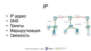 IP
• IP адрес
• DNS
• Пакеты
• Маршрутизация
• Связность
 