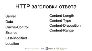 HTTP заголовки ответа
Server
Date
Cache-Control
Expires
Last-Modified
Location
Content-Length
Сontent-Type
Content-Disposition
Content-Range
 