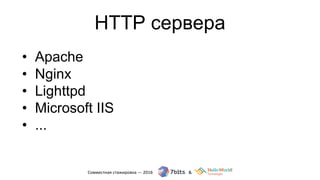 • Apache
• Nginx
• Lighttpd
• Microsoft IIS
• ...
HTTP cервера
 
