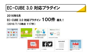 EC-CUBE 3.0 対応プラグイン
2016年6月
EC-CUBE 3.0 対応プラグイン １００件 超え！
（2016/7/13時点 １１７件）
 