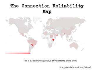 The Connection Reliability
Map
This	is	a	30	day	average	value	of	V6	systems.	Units	are	%
http://stats.labs.apnic.net/v6perf
 