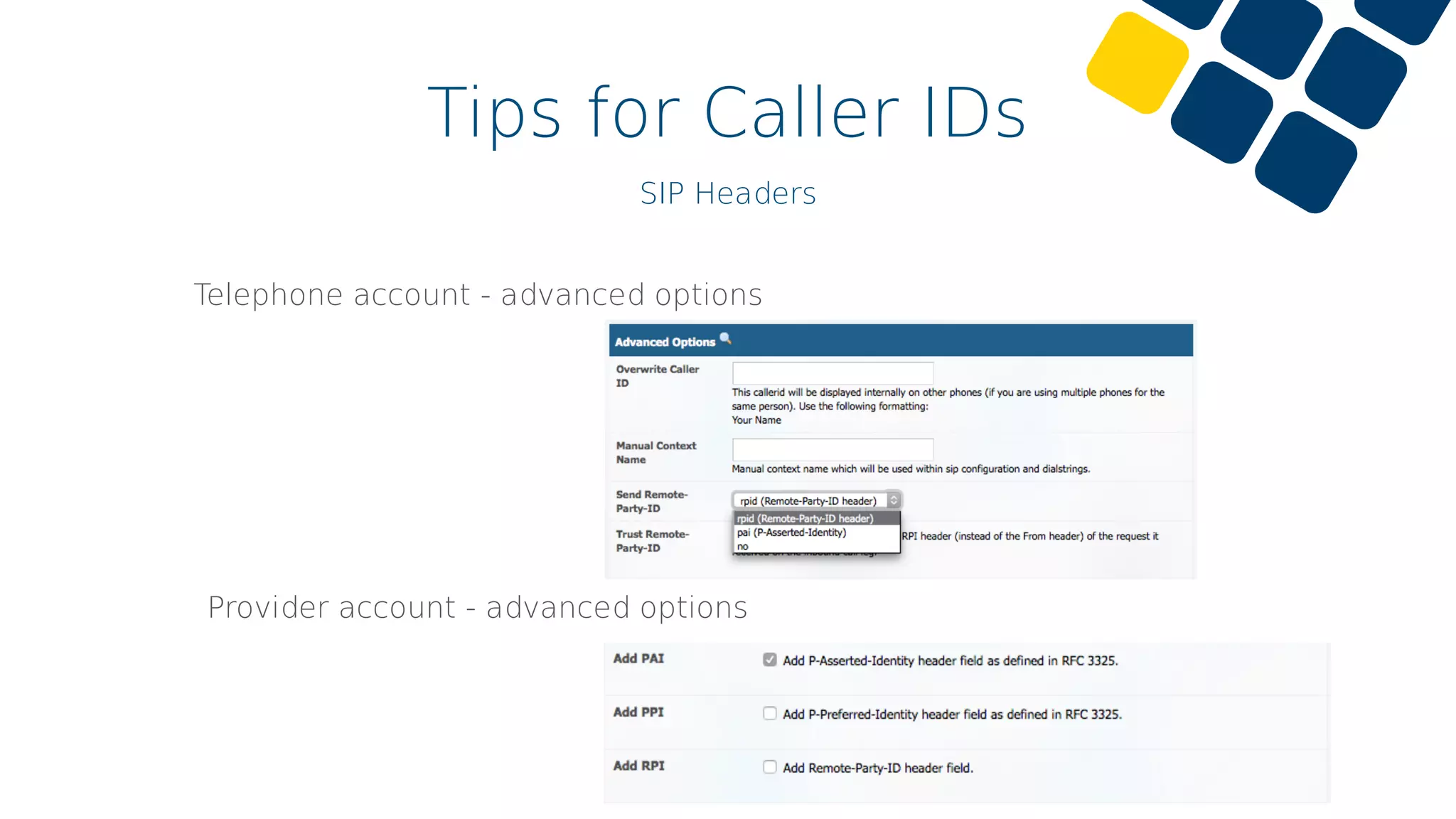 Tips for Caller IDs
SIP Headers
Telephone account - advanced options
Provider account - advanced options
 