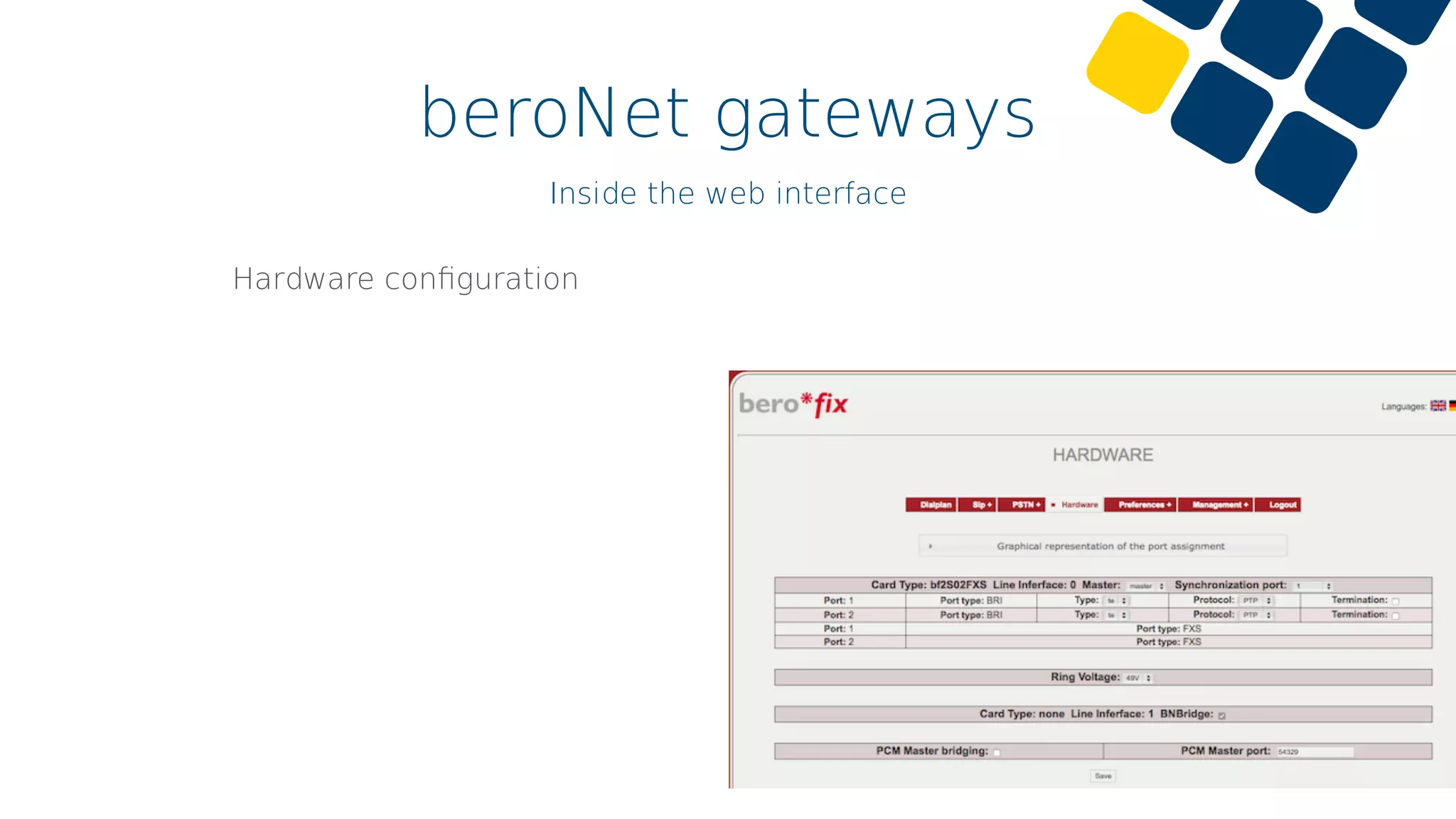 beroNet gateways
Inside the web interface
Hardware conﬁguration
 