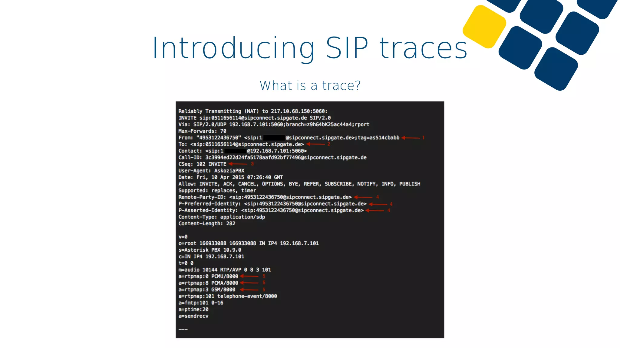 Introducing SIP traces
What is a trace?
 