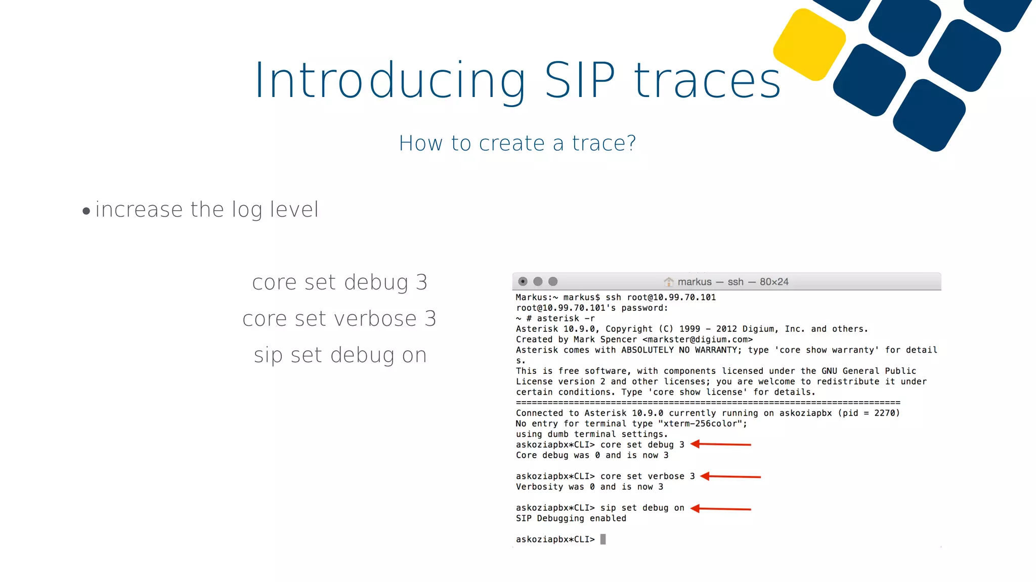 Introducing SIP traces
How to create a trace?
•increase the log level
core set debug 3
core set verbose 3
sip set debug on
 