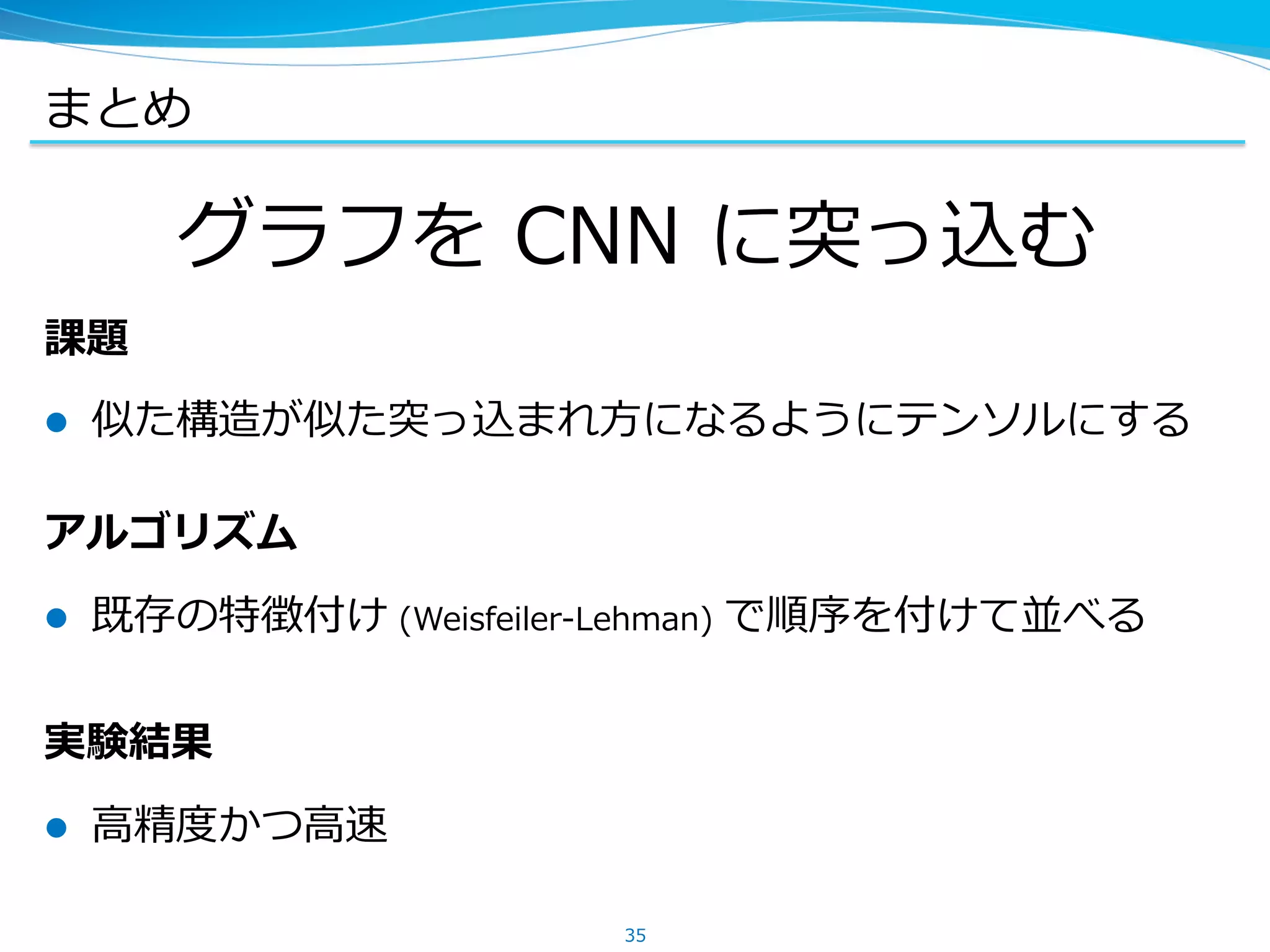 まとめ
グラフを CNN に突っ込む
課題
l  似た構造が似た突っ込まれ⽅になるようにテンソルにする
アルゴリズム
l  既存の特徴付け (Weisfeiler-Lehman) で順序を付けて並べる
実験結果
l  ⾼精度かつ⾼速
35
 