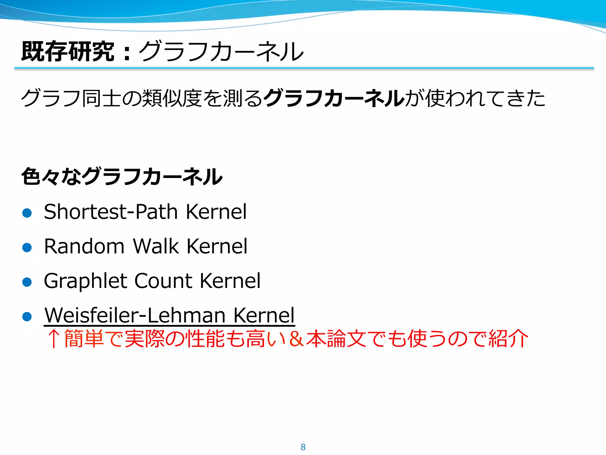 既存研究：グラフカーネル
グラフ同⼠の類似度を測るグラフカーネルが使われてきた
⾊々なグラフカーネル
l  Shortest-Path Kernel
l  Random Walk Kernel
l  Graphlet Count Kernel
l  Weisfeiler-Lehman Kernel
↑簡単で実際の性能も⾼い＆本論⽂でも使うので紹介
8
 