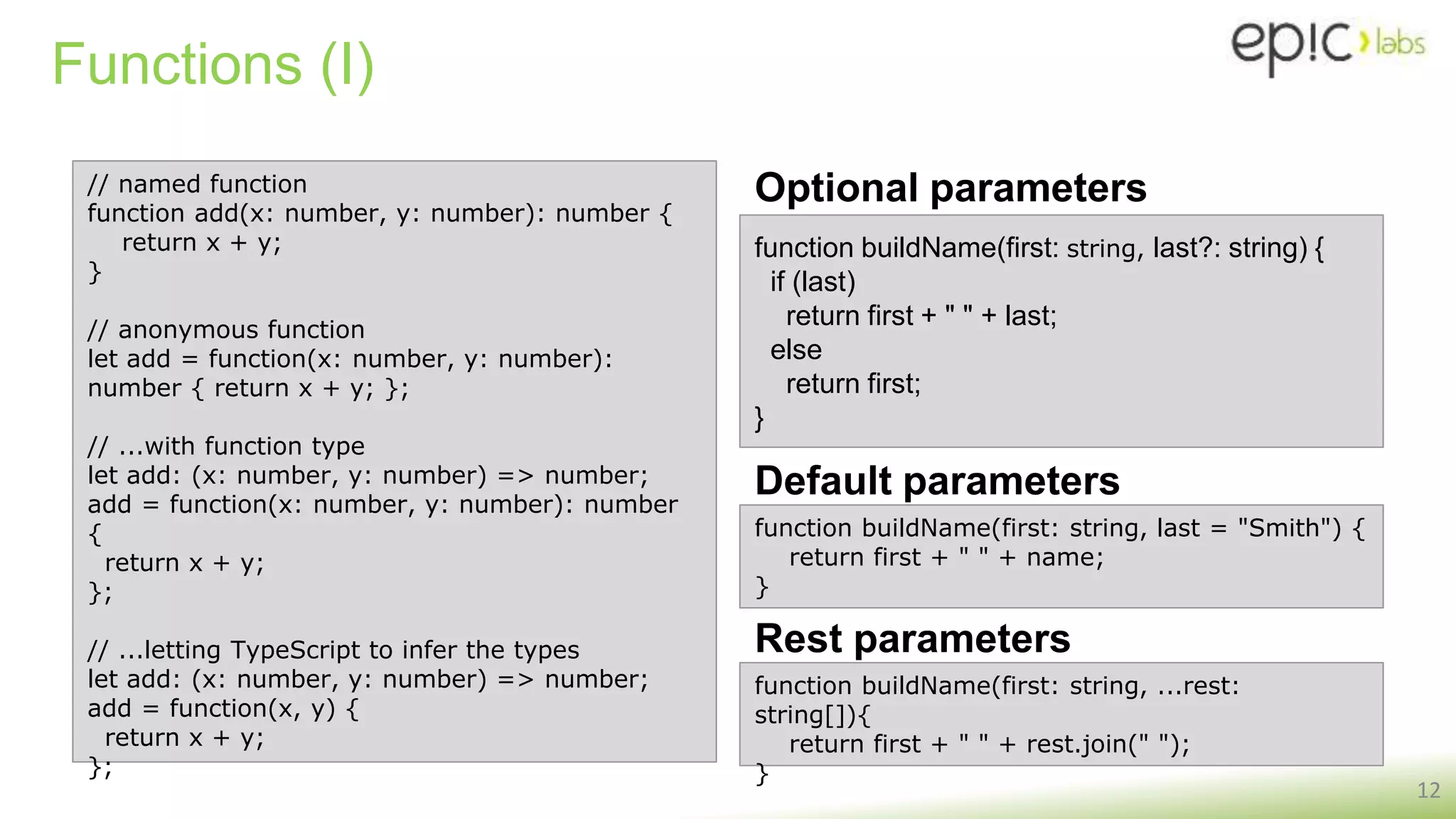 Functions (I)
12
// named function
function add(x: number, y: number): number {
return x + y;
}
// anonymous function
let add = function(x: number, y: number):
number { return x + y; };
// ...with function type
let add: (x: number, y: number) => number;
add = function(x: number, y: number): number
{
return x + y;
};
// ...letting TypeScript to infer the types
let add: (x: number, y: number) => number;
add = function(x, y) {
return x + y;
};
function buildName(first: string, last = "Smith") {
return first + " " + name;
}
Optional parameters
Default parameters
function buildName(first: string, last?: string) {
if (last)
return first + " " + last;
else
return first;
}
function buildName(first: string, ...rest:
string[]){
return first + " " + rest.join(" ");
}
Rest parameters
 