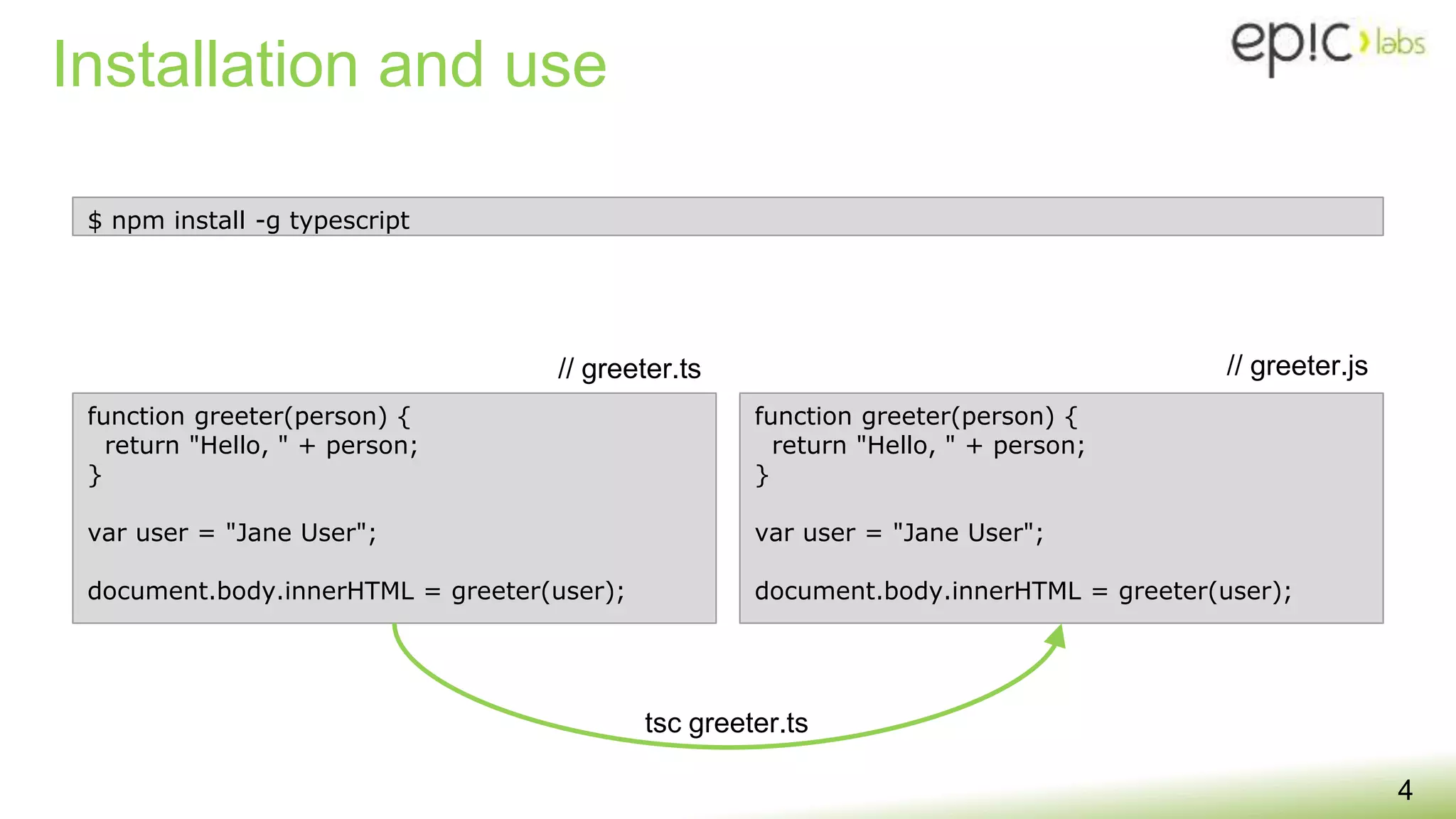 Installation and use
4
$ npm install -g typescript
function greeter(person) {
return "Hello, " + person;
}
var user = "Jane User";
document.body.innerHTML = greeter(user);
function greeter(person) {
return "Hello, " + person;
}
var user = "Jane User";
document.body.innerHTML = greeter(user);
// greeter.ts // greeter.js
tsc greeter.ts
 
