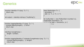 Generics
14
function identity<T>(arg: T): T {
return arg;
}
let output = identity<string>("myString");
class MyNumber<T> {
zeroValue: T;
add: (x: T, y: T) => T;
}
let myNumber = new MyNumber<number>();
myNumber.zeroValue = 0;
myNumber.add = function(x, y) {
return x + y;
};
function loggingIdentity<T>(arg: T): T {
console.log(arg.length); // Error!
return arg;
}
interface ILengthwise {
length: number;
}
function loggingIdentity<T extends ILengthwise>(arg: T): T {
console.log(arg.length); // Alright!
return arg;
}
 