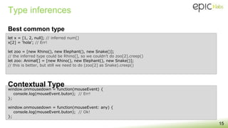 Type inferences
15
window.onmousedown = function(mouseEvent) {
console.log(mouseEvent.buton); // Err!
};
window.onmousedown = function(mouseEvent: any) {
console.log(mouseEvent.buton); // Ok!
};
Best common type
Contextual Type
let x = [1, 2, null]; // inferred num[]
x[2] = 'hola'; // Err!
let zoo = [new Rhino(), new Elephant(), new Snake()];
// the inferred type could be Rhino[], so we couldn’t do zoo[2].creep()
let zoo: Animal[] = [new Rhino(), new Elephant(), new Snake()];
// this is better, but still we need to do (zoo[2] as Snake).creep()
 