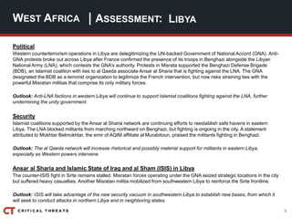 8
| ASSESSMENT:
Political
Western counterterrorism operations in Libya are delegitimizing the UN-backed Government of National Accord (GNA). Anti-
GNA protests broke out across Libya after France confirmed the presence of its troops in Benghazi alongside the Libyan
National Army (LNA), which contests the GNA’s authority. Protests in Misrata supported the Benghazi Defense Brigade
(BDB), an Islamist coalition with ties to al Qaeda associate Ansar al Sharia that is fighting against the LNA. The GNA
designated the BDB as a terrorist organization to legitimize the French intervention, but now risks straining ties with the
powerful Misratan militias that comprise its only military forces.
Outlook: Anti-LNA factions in western Libya will continue to support Islamist coalitions fighting against the LNA, further
undermining the unity government.
Security
Islamist coalitions supported by the Ansar al Sharia network are continuing efforts to reestablish safe havens in eastern
Libya. The LNA blocked militants from marching northward on Benghazi, but fighting is ongoing in the city. A statement
attributed to Mokhtar Belmokhtar, the emir of AQIM affiliate al Murabitoun, praised the militants fighting in Benghazi.
Outlook: The al Qaeda network will increase rhetorical and possibly material support for militants in eastern Libya,
especially as Western powers intervene.
Ansar al Sharia and Islamic State of Iraq and al Sham (ISIS) in Libya
The counter-ISIS fight in Sirte remains stalled. Misratan forces operating under the GNA seized strategic locations in the city
but suffered heavy casualties. Another Misratan militia mobilized from southwestern Libya to reinforce the Sirte frontline.
Outlook: ISIS will take advantage of the new security vacuum in southwestern Libya to establish new bases, from which it
will seek to conduct attacks in northern Libya and in neighboring states.
WEST AFRICA LIBYA
 