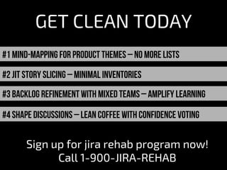 GET CLEAN TODAY
#1 mind-mapping for product themes – no more lists
#2 JIT story slicing – minimal inventories
#3 backlog refinement with mixed teams – amplify learning
#4 shape discussions – lean coffee with confidence voting
Sign up for jira rehab program now!
Call 1-900-JIRA-REHAB
 