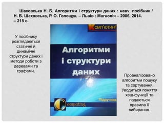Шаховська Н. Б. Алгоритми і структури даних : навч. посібник /
Н. Б. Шаховська, Р. О. Голощук. – Львів : Магнолія – 2006, 2014.
– 215 с.
У посібнику
розглядаються
статичні й
динамічні
структури даних і
методи роботи з
деревами та
графами.
Проаналізовано
алгоритми пошуку
та сортування.
Уводиться поняття
хеш-функції та
подаються
правила її
вибирання.
 