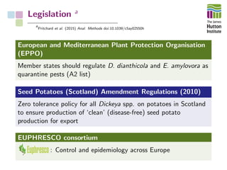 Legislation a
a
Pritchard et al. (2015) Anal. Methods doi:10.1039/c5ay02550h
European and Mediterranean Plant Protection Organisation
(EPPO)
Member states should regulate D. dianthicola and E. amylovora as
quarantine pests (A2 list)
Seed Potatoes (Scotland) Amendment Regulations (2010)
Zero tolerance policy for all Dickeya spp. on potatoes in Scotland
to ensure production of ‘clean’ (disease-free) seed potato
production for export
EUPHRESCO consortium
: Control and epidemiology across Europe
 