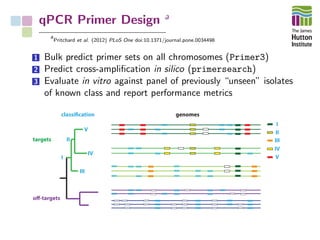 qPCR Primer Design a
a
Pritchard et al. (2012) PLoS One doi:10.1371/journal.pone.0034498
1 Bulk predict primer sets on all chromosomes (Primer3)
2 Predict cross-ampliﬁcation in silico (primersearch)
3 Evaluate in vitro against panel of previously “unseen” isolates
of known class and report performance metrics
targets
off-targets
classification
V
IV
III
II
I
genomes
I
II
III
IV
V
 