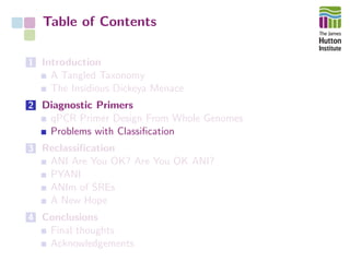 Table of Contents
1 Introduction
A Tangled Taxonomy
The Insidious Dickeya Menace
2 Diagnostic Primers
qPCR Primer Design From Whole Genomes
Problems with Classiﬁcation
3 Reclassiﬁcation
ANI Are You OK? Are You OK ANI?
PYANI
ANIm of SREs
A New Hope
4 Conclusions
Final thoughts
Acknowledgements
 
