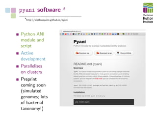 pyani software a
a
http://widdowquinn.github.io/pyani
Python ANI
module and
script
Active
development
Parallelises
on clusters
Preprint
coming soon
(simulated
genomes; lots
of bacterial
taxonomy!)
 
