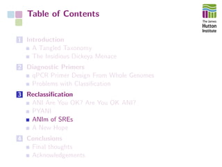 Table of Contents
1 Introduction
A Tangled Taxonomy
The Insidious Dickeya Menace
2 Diagnostic Primers
qPCR Primer Design From Whole Genomes
Problems with Classiﬁcation
3 Reclassiﬁcation
ANI Are You OK? Are You OK ANI?
PYANI
ANIm of SREs
A New Hope
4 Conclusions
Final thoughts
Acknowledgements
 