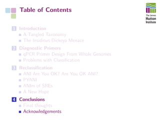 Table of Contents
1 Introduction
A Tangled Taxonomy
The Insidious Dickeya Menace
2 Diagnostic Primers
qPCR Primer Design From Whole Genomes
Problems with Classiﬁcation
3 Reclassiﬁcation
ANI Are You OK? Are You OK ANI?
PYANI
ANIm of SREs
A New Hope
4 Conclusions
Final thoughts
Acknowledgements
 