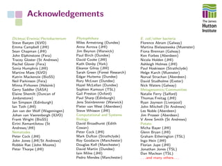 Acknowledgements
Dickeya/Erwinia/Pectobacterium
Steve Baeyen (ILVO)
Emma Campbell (JHI)
Sean Chapman (JHI)
John Elphinstone (Fera)
Tracey Gloster (St Andrews)
Rachel Glover (Fera)
Sonia Humphris (JHI)
Martine Maes (ILVO)
Katrin Mackenzie (BioSS)
Neil Parkinson (Fera)
Minna Pirhonen (Helsinki)
Gerry Saddler (SASA)
Elaine Shemilt (Duncan of
Jordanstone)
Ian Simpson (Edinburgh)
Ian Toth (JHI)
Jan van der Wolf (Wageningen)
Johan van Vaerenbergh (ILVO)
Frank Wright (BioSS)
Eirini Xemantilotou (St
Andrews/JHI)
Nematodes
Peter Cock (JHI)
John Jones (JHI/St Andrews)
Robbie Rae (John Moores)
Peter Thorpe (JHI)
Phytophthora
Miles Armstrong (Dundee)
Anna Avrova (JHI)
Jim Beynon (Warwick)
Paul Birch (Dundee)
David Cooke (JHI)
Kath Denby (York)
Eleanor Gilroy (JHI)
Sarah Green (Forest Research)
Edgar Huitema (Dundee)
Rory McLean (Dundee)
Hazel McLellan (Dundee)
Sophien Kamoun (TSL)
Gail Preston (Oxford)
Paul Sharp (Edinburgh)
Jens Steinbrenner (Warwick)
Pieter van West (Aberdeen)
Steve Whisson (JHI)
Computational and Systems
Biology
David Broadhurst (Edith
Cowan)
Peter Cock (JHI)
Mark Dufton (Strathclyde)
Roy Goodacre (Manchester)
Douglas Kell (Manchester)
David Martin (Dundee)
Iain Milne (JHI)
Pedro Mendes (Manchester)
E. coli/other bacteria
Florence Abram (Galway)
Martina Bielaszewska (Muenster)
Fiona Brennan (Galway)
Ken Forbes (Aberdeen)
Nicola Holden (JHI)
Ashleigh Holmes (JHI)
Paul Hoskisson (Strathclyde)
Helge Karch (Muenster)
Norval Strachan (Aberdeen)
David Studholme (Exeter)
Nick Waters (Galway)
Metagenomics/Communities
Natalie Ferry (Salford)
Thomas Freitag (JHI)
Ryan Joynson (Liverpool)
John Mitchell (St Andrews)
Les Noble (Aberdeen)
Jim Prosser (Aberdeen)
V Anne Smith (St Andrews)
Potato
Micha Bayer (JHI)
Glenn Bryan (JHI)
Graham Etherington (TSL)
Ingo Hein (JHI)
Florian Jupe (JHI)
Jonathan Jones (TSL)
Dan Maclean (TSL)
. . .and many others. . .
 